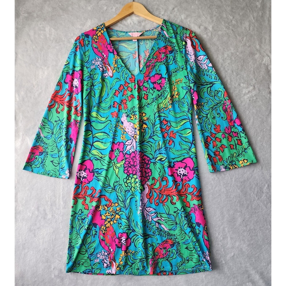 Lilly Pulitzer Dress Size Small Jade Shake Your Tail Feather Tropical Bird Print